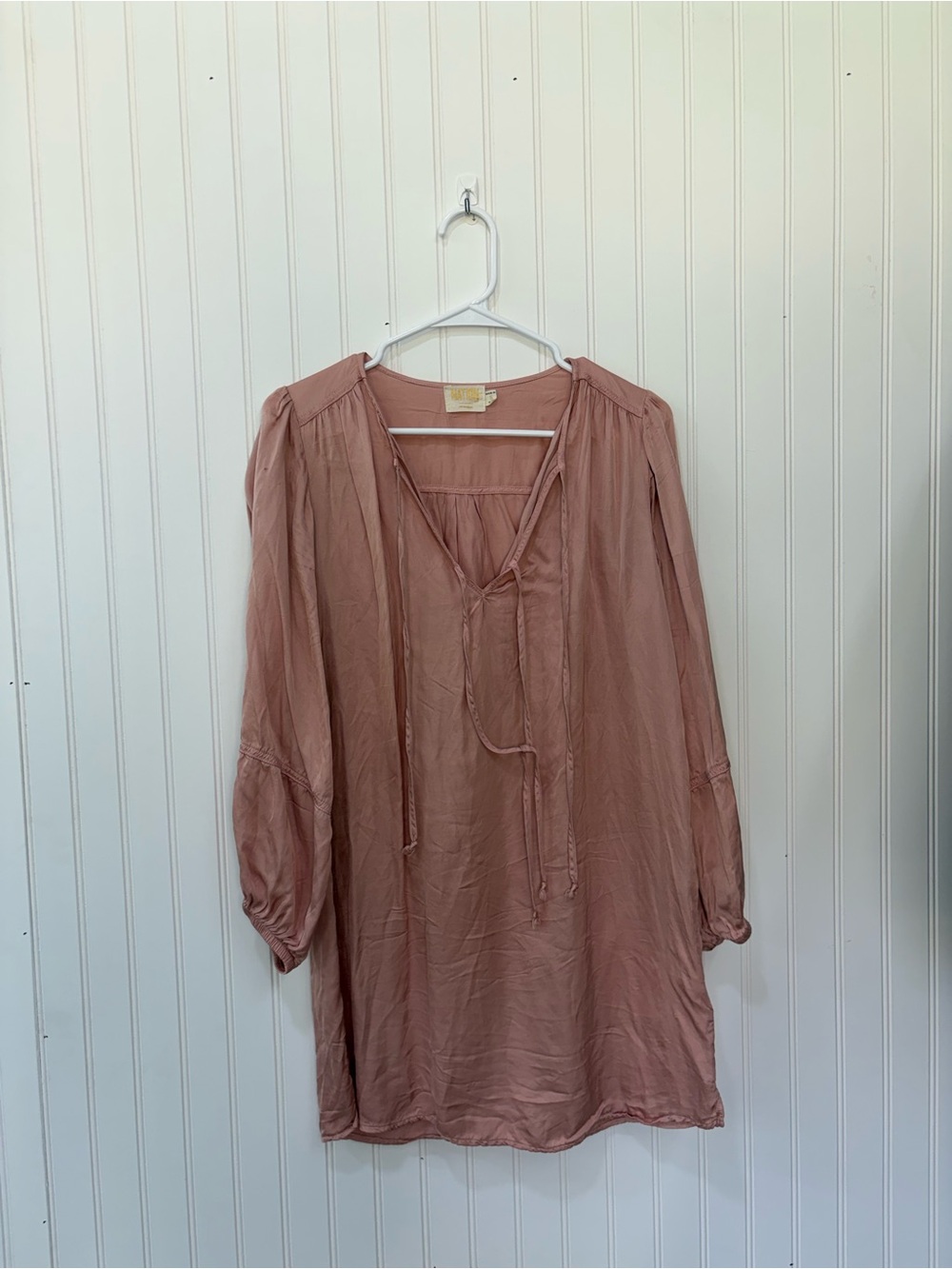Nation Los Angeles Dusty Rose Tie-Front long sleeve satin tunic blouse